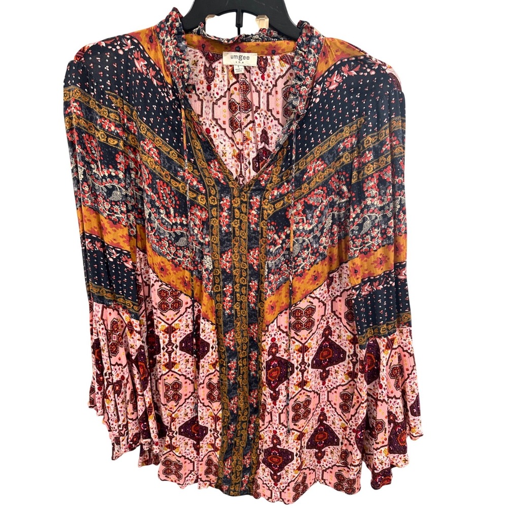 Umgee USA Boho Patchwork Floral Print Ruffle Neck Long Sleeve Blouse Top L